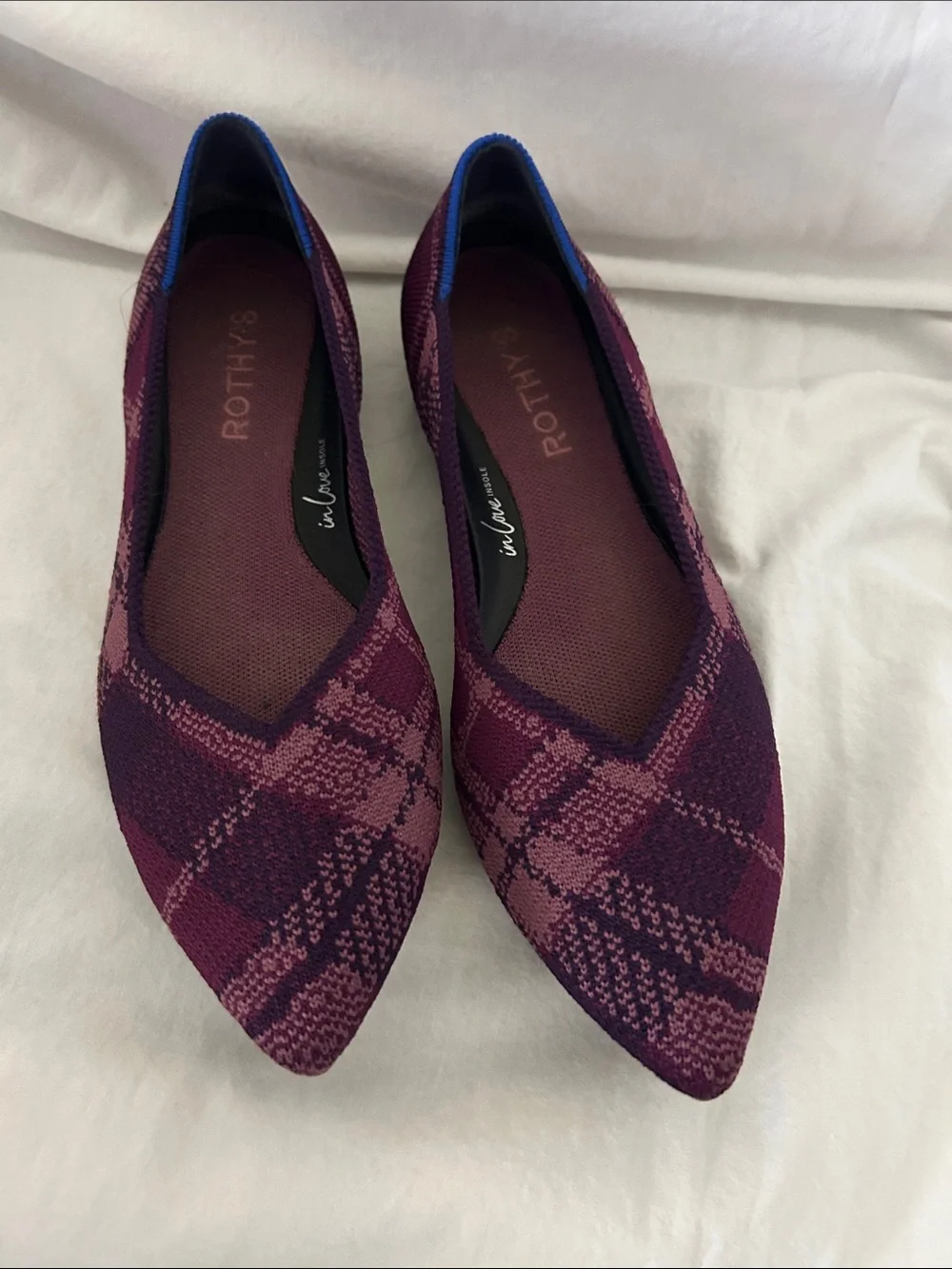 Rothy's Pointed Knit Flats in Purple Plaid